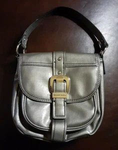 FRANCO SARTO Gray Silver Handbag Patent Leather Flap Front Buckle Studs Pockets - Picture 1 of 8
