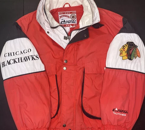 Vintage Chicago Blackhawks Puffer Jacket Nutmeg Campri 90s NHL Men Sz L RARE Cover