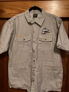 Vintage Prison Blues Rare Hickory Stripe Embroidered Train Shirt Size M - Picture 1 of 8