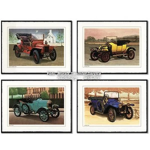 Farblithographien: 4 Oldtimer / historische Autos, Büttenpapier - handgerissen - Bild 1 von 5