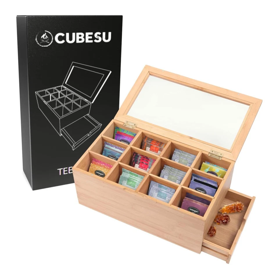 Premium Holz Teebox 12 Fächer mit Sichtfenster & Schublade Teebeutelbox Teekiste - Bild 1 von 4