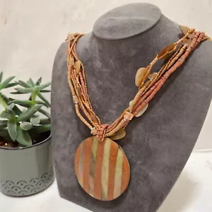 Orange Resin & Shell Necklace Multistrand Lagenlook Bead Tribal Wood Boho - Picture 1 of 13