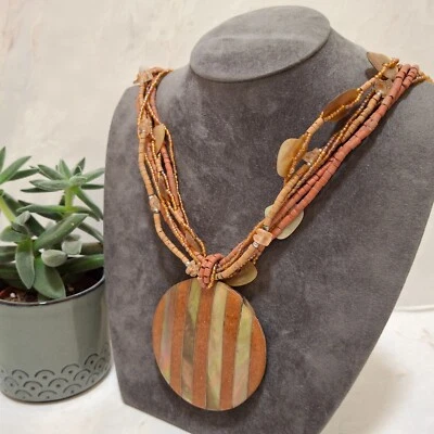 Orange Resin & Shell Necklace Multistrand Lagenlook Bead Tribal Wood Boho - Image 1 of 4