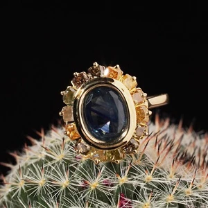 Chunky 18ct Gold Natural Yellow Green Diamond Blue Sapphire Halo Ring $12.5k Val - Picture 1 of 12