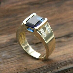 2Ct Lab Created Sapphire Diamond 14K Yellow Gold Plated Engagement Men's Ring