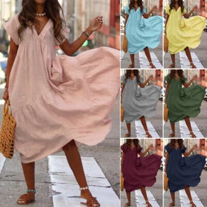Maxi Vestido Largo de Gran Tamaño para Mujeres Mangas Cortas Cuello en V Largo Vestido de Vacaciones Liso Largo - Imagen 1 de 16