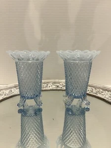 Set Of 2 Imperial Glass VTG Katy Blue Opalescent Open Lace Footed Vase Diamond - Picture 1 of 15