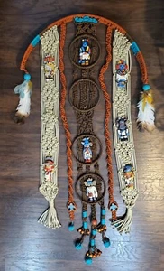 Vintage 70s Large Multicolored MACRAME Wall Hanging Feathers beads Hopi Figurine - Picture 1 of 8