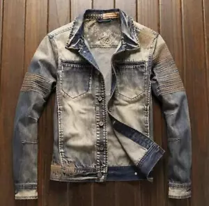 Herren Retro Blau Denim Jeansjacke Motorrad Basic Mantel Knopf Punk Hip Hop Neu - Bild 1 von 9