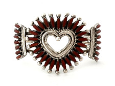 Dan Estate Zuni Sterling Silver Needlepoint Coral Heart Cuff Bracelet