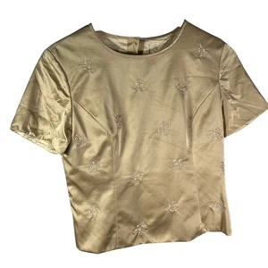 Talbots Silk Top Size 4 Gold Beaded Short Sleeve Button Back Party Blouse - Picture 1 of 9