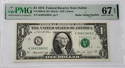 $1 Bill 1974 Fancy Serial Number PMG 67 Superb Gem Uncirc RADAR - K 30833803 C - Image 1 of 4