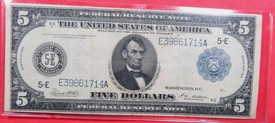 Billete de 5 dólares de la Reserva Federal de 1914. Abe Lincoln. Circ. Color rico. ¡Bonito! (1125060) Foto 1 de 4