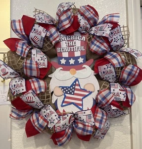 Farmhouse GNOME USA 4th Of July WREATH ๐ BURLAP Deco Mesh AMERICA THE BEAUTIFUL - Picture 1 of 8