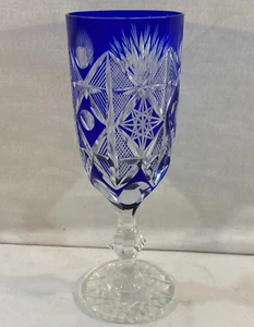 Individual Bohemian Cobalt Blue 8" Tall Wine Glass Cut To Clear Star Thumbprint - Picture 1 of 7