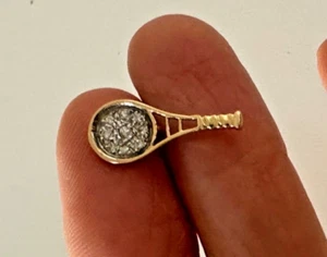 14K Yellow Gold Tennis Racquet Pin Diamond chips Brooch Signed Stamped Tie Tack - Picture 1 of 11