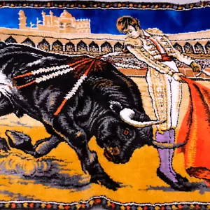 Vtg Matador Bull Fighting Tapestry Rug Velvety Wall Hanging Lebanon 39 x 20 - Picture 1 of 4
