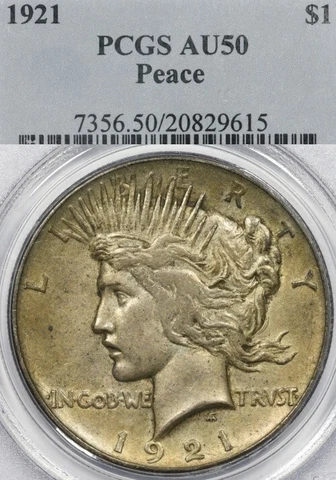 1921 $1 PCGS AU50 Silver Peace Dollar High Relief Cover