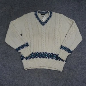 Vintage Roots Sweater Mens Large L Beige Cable Hand Knit Alpaca Wool V Neck NOS - Picture 1 of 10