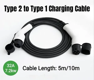 Type2 to Type1 EV Charging Cable 7.2KW 32A 230V Single Phase 5m/10m forJ1772 Car - Picture 1 of 6