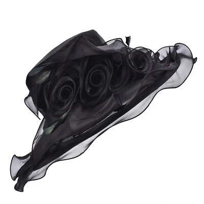 A341 Women Wide Brim Kentucky Derby Dress Sun Floral Hats Floppy Church Wedding - Image 1 of 4