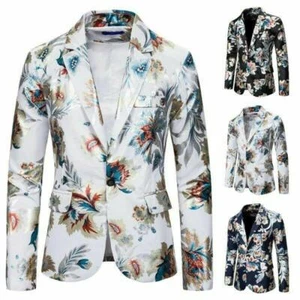 Mens New One Button Slim Fit Blazer Jacket Printed Floral Party Outdoor Casual L - Picture 1 of 13