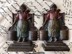 Vintage 1928 Dutch Girl Milk Maid Bookends Painted Art Colony Industry - Picture 1 of 6