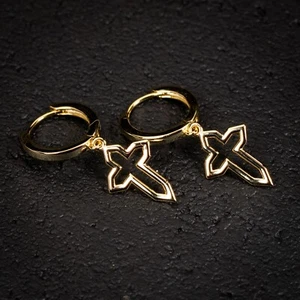 Pendientes de aro colgantes cruzados de oro amarillo liso 925 de plata esterlina - Imagen 1 de 6