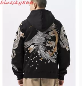 Men Hoodie Sweatshirt Dragon Embroidery Hooded Sweater Coiled Dragon Casual Tops - Picture 1 of 18