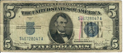 1934D 5$ Silver Certificate - Blue Seal - GNC/JWSy S46728047A - #13585 - Image 1 of 2