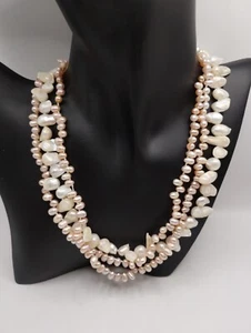 Vintage Silver Tone Pink White Baroque Freshwater Pearl Multistrand Necklace - Picture 1 of 4