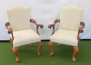PAIR High Back Upholstered Ball and Claw Dining Chairs w/Armrests - Picture 1 of 11