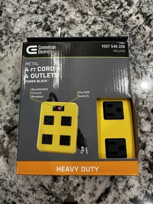 Commercial Electric Heavy Duty Metal Power Block – 4 Outlets, 4 ft Cord – Yellow - Image 1 of 2