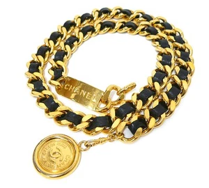 CHANEL Chain Belt Coco Mark Logo 94A Vintage Lambskin Metal Material Leather Gen - Picture 1 of 6