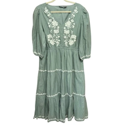 Vestido Campesino Lucky Brand en Niveles Talla XL Verde Salvia Blanco Bordado Forrado Boho Foto 1 de 4