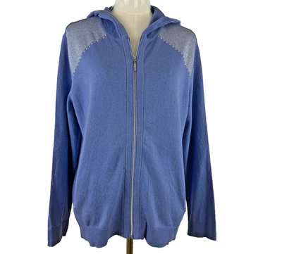 Chico's Zenergy Hoodie Size 2 L 12 Blue Knit Full Zip Studded Metalic Details - Image 1 of 4