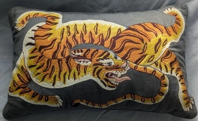 WILLIAM SONOMA Embroidered DHARMA TIGER Gray Throw Lumbar PILLOW 23'x15" EUC! - Image 1 of 4