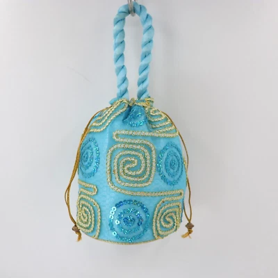 Gauzy Sequin Handbag Women Blue Gold Lined Drawstring Satchel Purse Shoulder Bag - Image 1 of 4