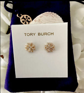 AUTHENTIC TORY BURCH ROXANNE CRYSTAL STUD EARRINGS-ROLLED TORY GOLD-NEW W/POUCH