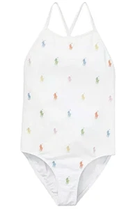 Polo Ralph Lauren Girl's Embroidered Logos One-Piece Swimsuit White 10 NWT - Picture 1 of 4