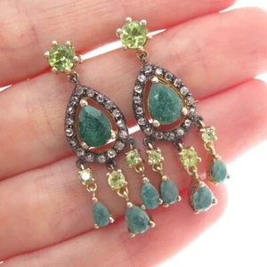 925 Sterling Silver 2-Tone Real Diamond Emerald & Peridot Chandelier Earrings - Picture 1 of 7