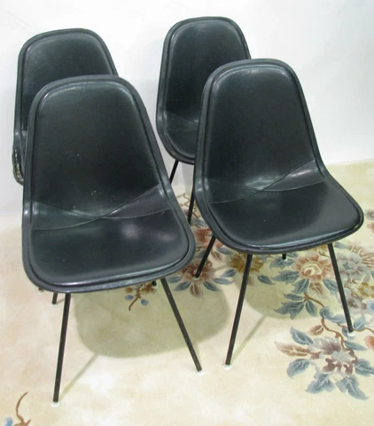Set of Four Original 1960s Herman Miller DKX-1 Chairs; Black Leather Seats Cover