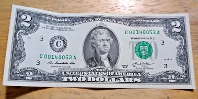 2 Dollar Bill 2013 Series 3 C Low Serial Number C00140053A 4 Zeroes Circulated - Image 1 of 2