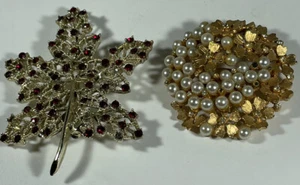 3 Broches Prendedores Tono Dorado Hoja Floral Remolino Rojo Estrás Imitación Perlas De Colección - Imagen 1 de 6