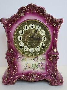 Antique Working 19th C. GILBERT Victorian Hand Painted Porcelain Mantel Clock