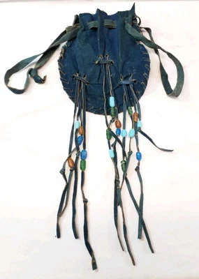Antique Blue Leather Possibles Bag Beaded Pouch Handmade Medicine Bag Bohemian  - Image 1 of 4