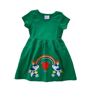 Hanna Andersson Girls Embroidered Birds Rainbow Hole Short Sleeve Dress Green 8 - Picture 1 of 9