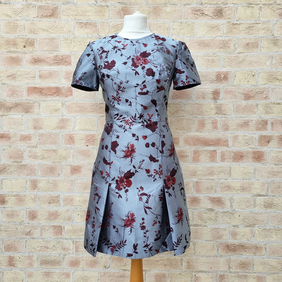 Erdem Aubrey Shift Dress Size UK 10 Silver Blue Metallic Jacquard Red Floral - Image 1 of 4