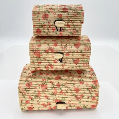 Floral Bamboo Trinket Boxes Set of 3 Decorative Storage Bins Vintage Organizer - Image 1 of 4