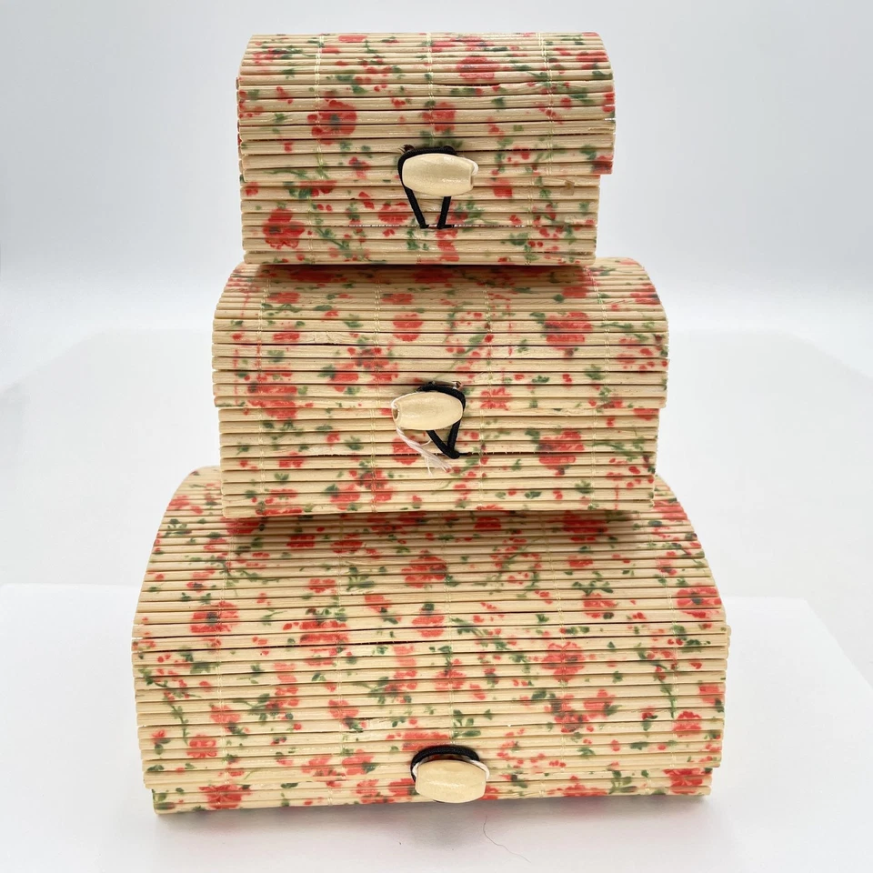 Floral Bamboo Trinket Boxes Set of 3 Decorative Storage Bins Vintage Organizer - Image 1 of 4
